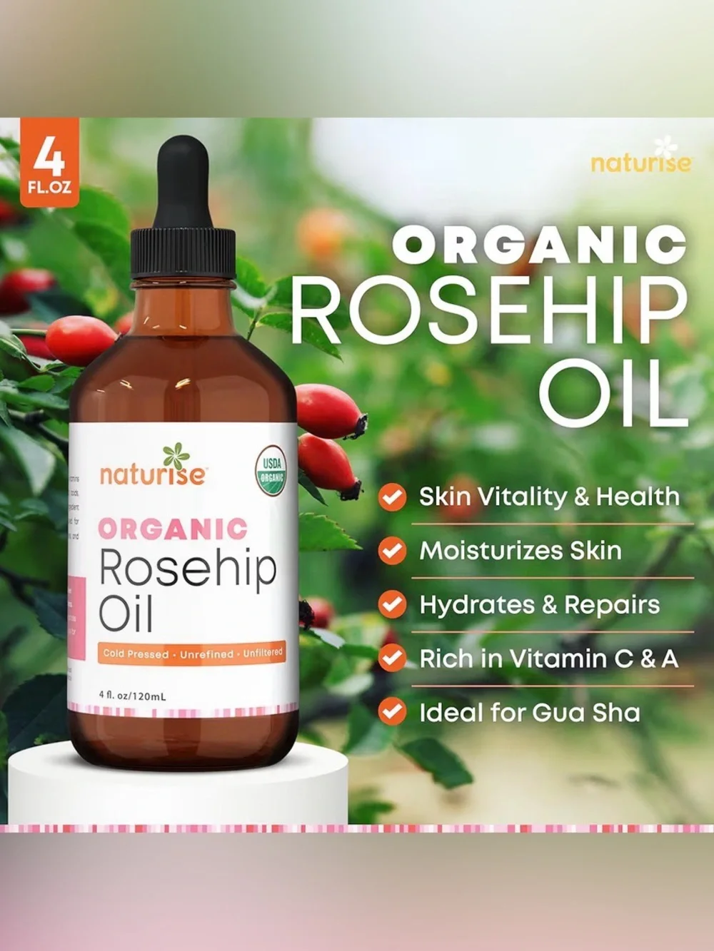 Naturise Organic Rosehip Seed Oil for Face, Skin, Hair, Nails, Body (4 fl oz)